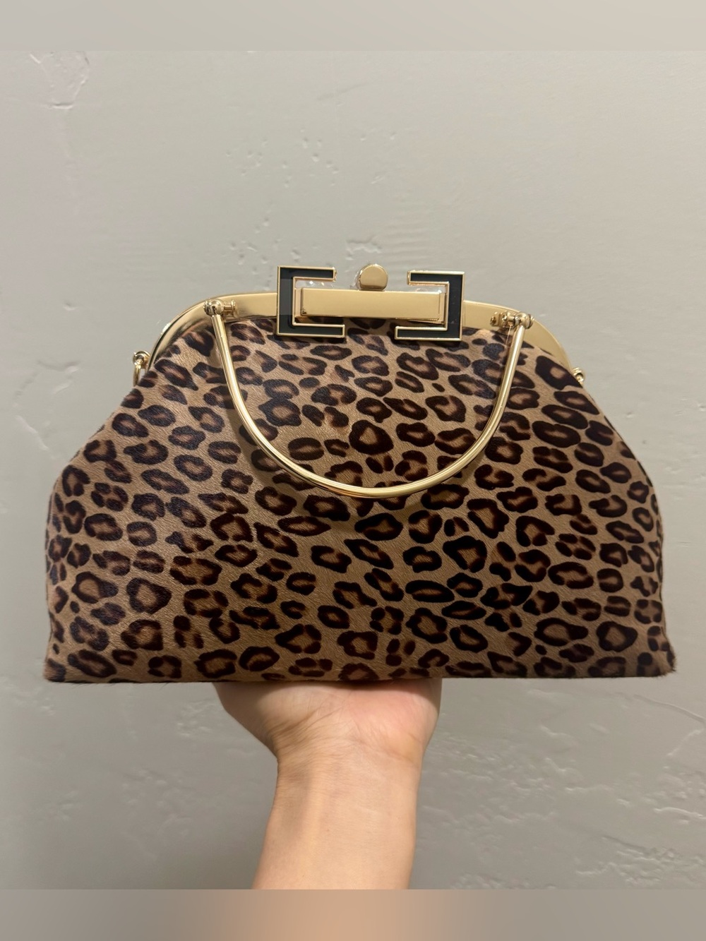 Leopard Print Handmade Real Hair-on Horsehide Top Handle, Push Lock Frame Bag - Picture 9 of 16
